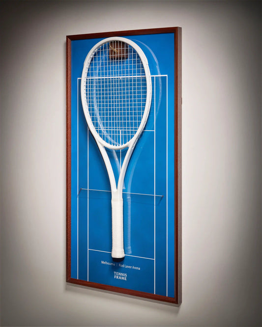 Australian Open Tennis Frame with blue Rod Laver Arena background, white racket wall art captured from side angle in soft studio light