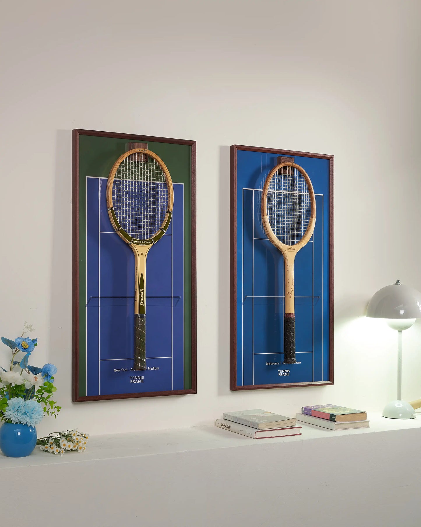 Two blue court tennis racket display frames inspired by US Open and Australian Open, modern tennis wall decor set