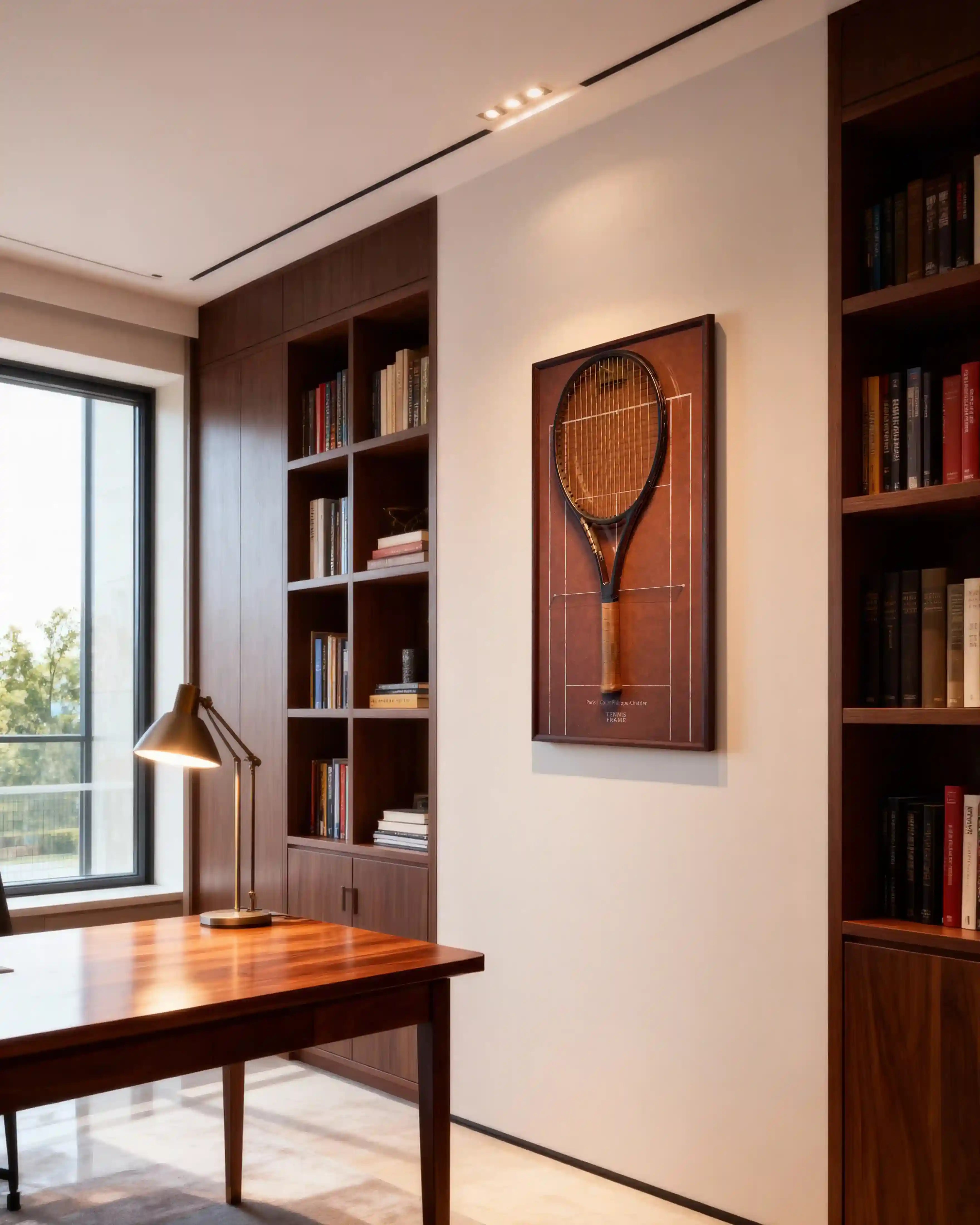 French Open Tennis Frame with racket on Court Philippe-Chatrier clay background, styled on a modern home office/library wall