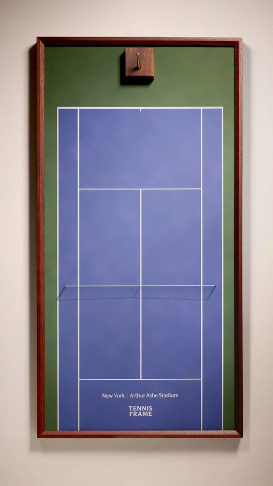 US Open Tennis Frame, Arthur Ashe Stadium blue court background, front studio view with walnut hook