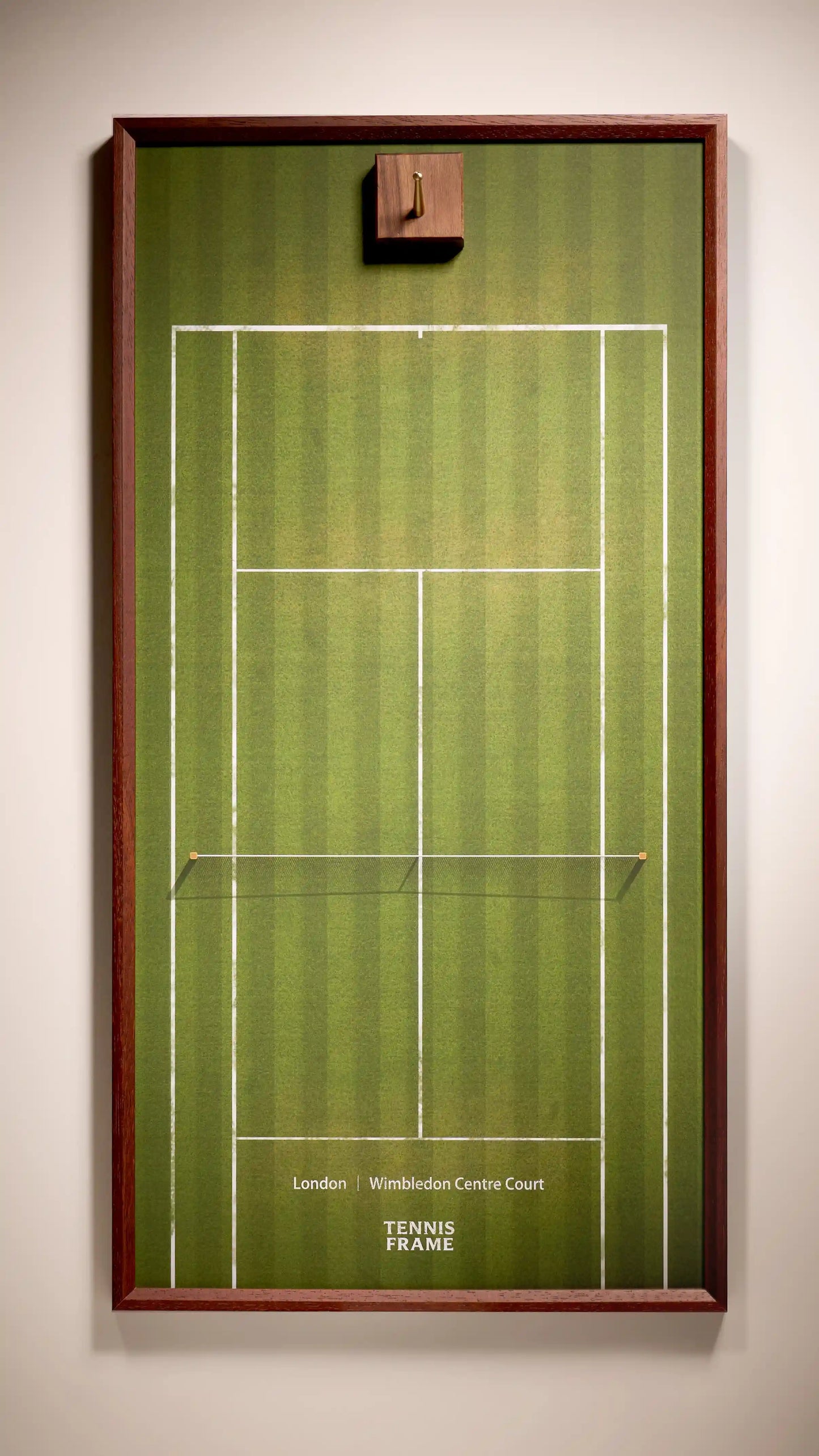 Wimbledon Tennis Frame, Centre Court grass background, front studio view with walnut hook