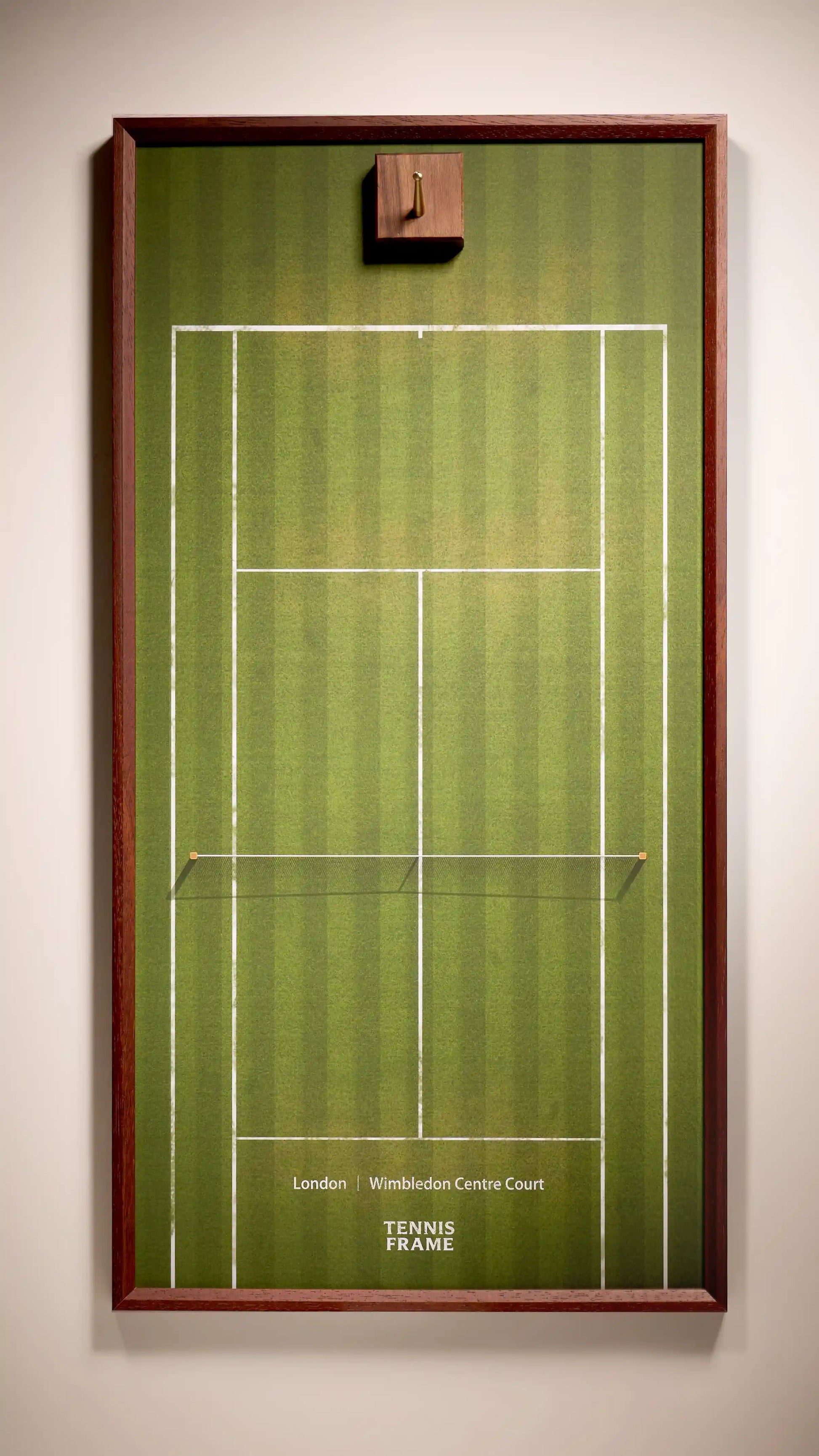 Wimbledon Tennis Frame, Centre Court grass background, front studio view with walnut hook