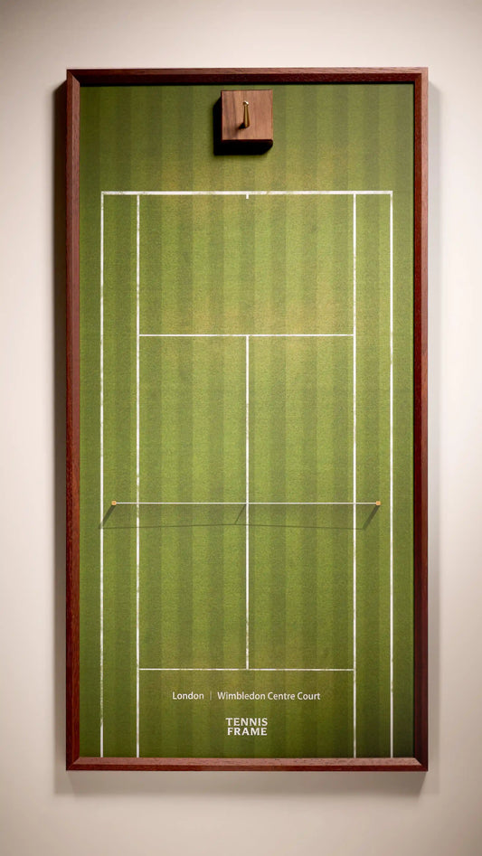 Wimbledon Tennis Frame, Centre Court grass background, front studio view with walnut hook
