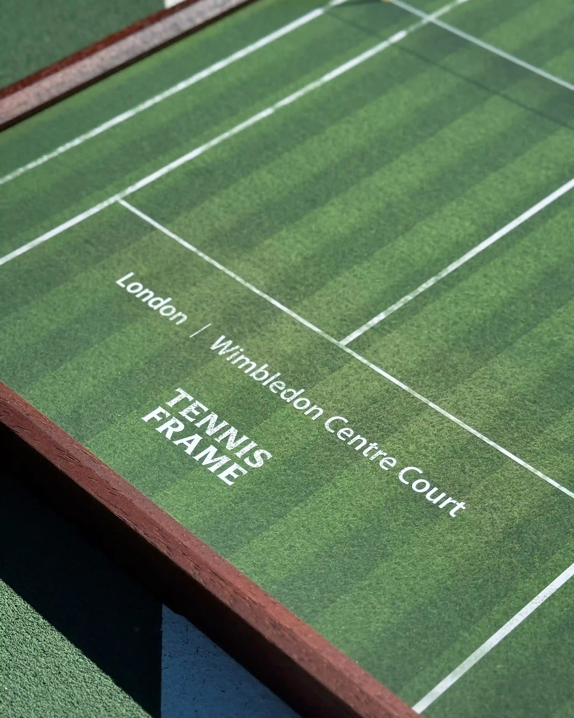 Close-up of Wimbledon Centre Court Tennis Frame showing court lines, ‘London | Wimbledon Centre Court’ text, and wood frame edge