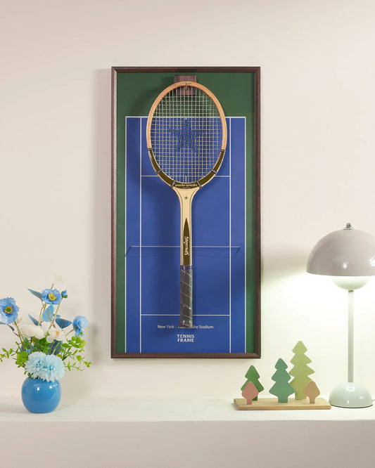 US Open blue court tennis racket display frame in walnut wood, styled with flowers and modern decor