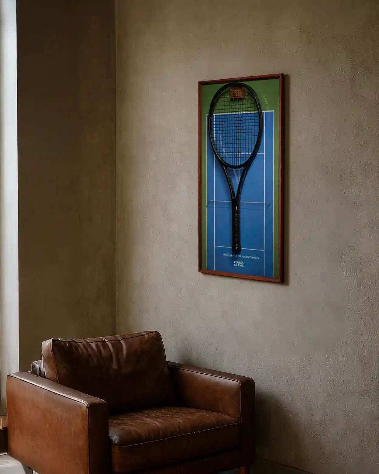 Washington DC Mubadala Citi Open tennis racket display frame—blue hard court with green border, walnut frame—styled above a leather armchair