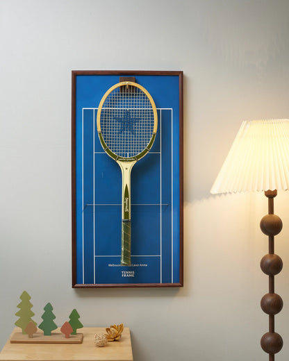 Australian Open blue court tennis racket display frame in walnut wood, styled with modern decor and warm lighting