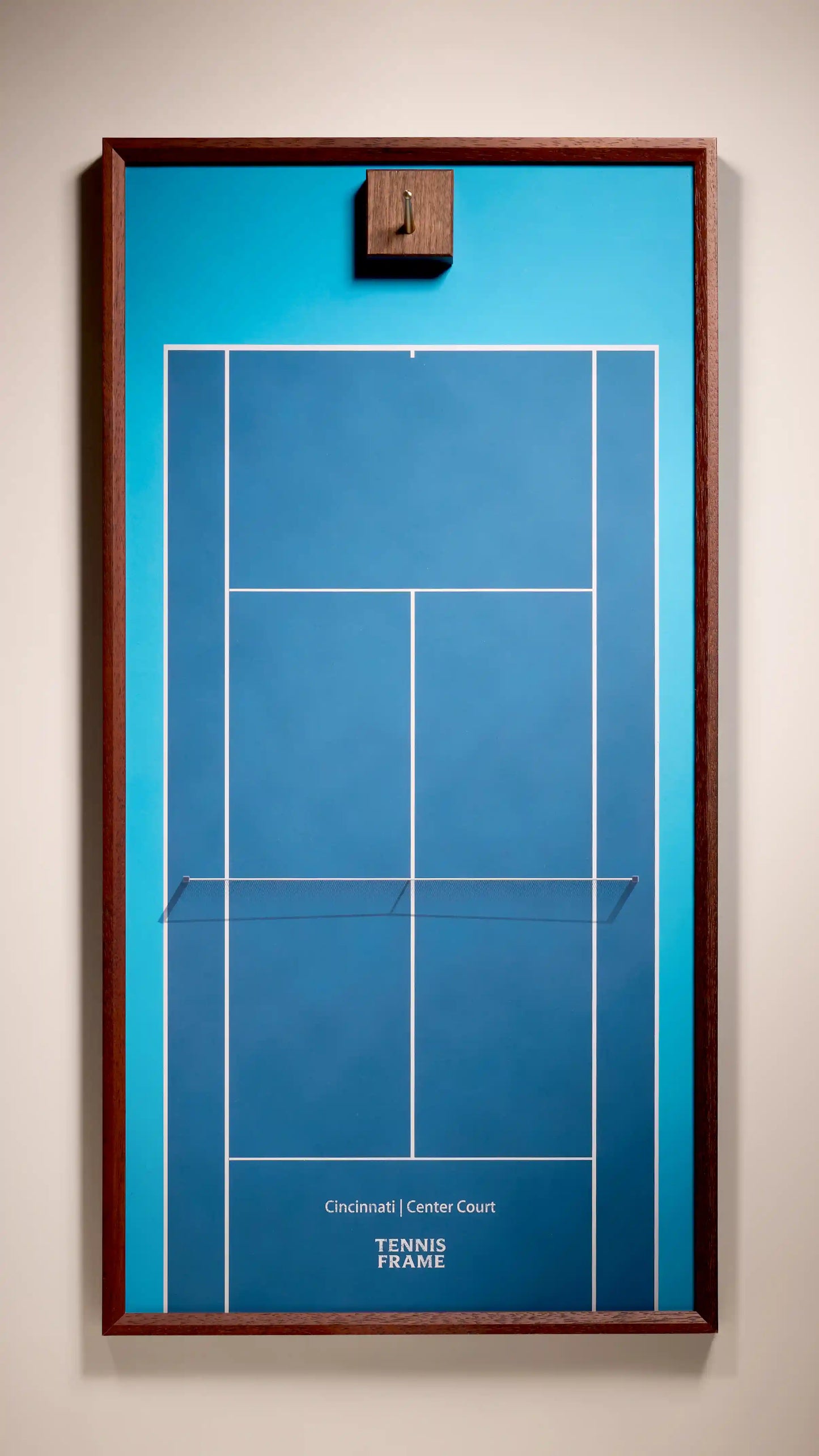 Cincinnati Open Center Court tennis racket display frame with blue hard-court design and walnut wood, front studio view
