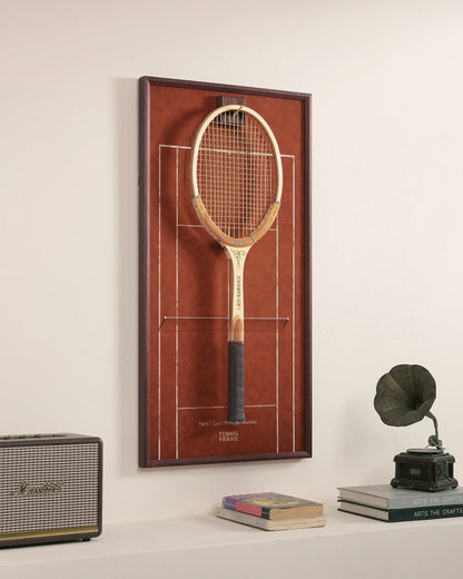 Angled view of French Open Roland Garros clay court racket display frame in walnut wood, elegant tennis wall decor and storage
