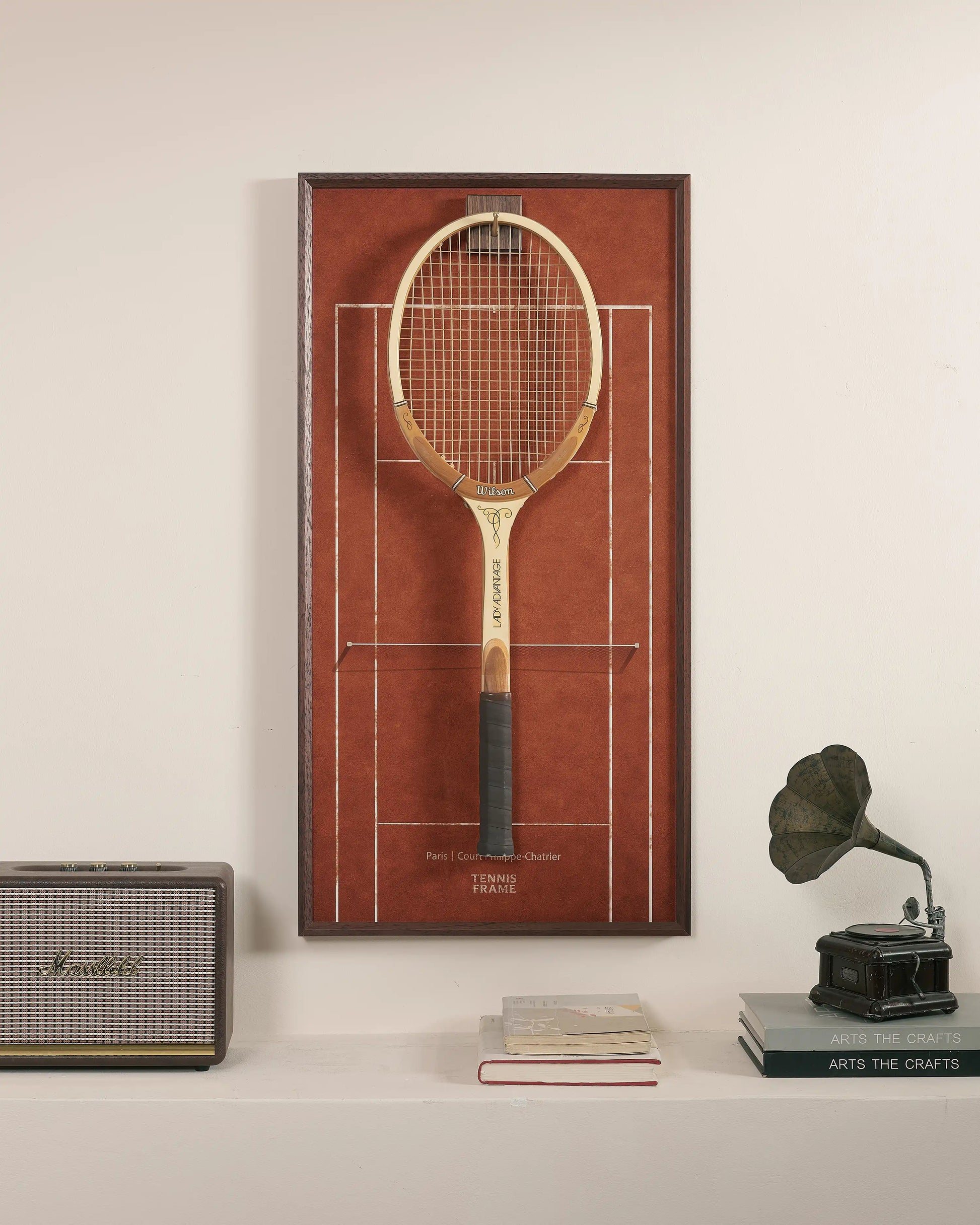 French Open Roland Garros clay court racket display frame with walnut wood and tempered glass, front view styled as premium tennis wall art