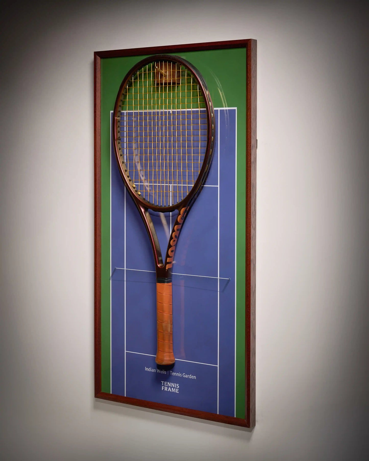 Indian Wells Tennis Garden racket display frame with racquet—purple-blue hard court, green border, walnut frame—premium tennis wall art