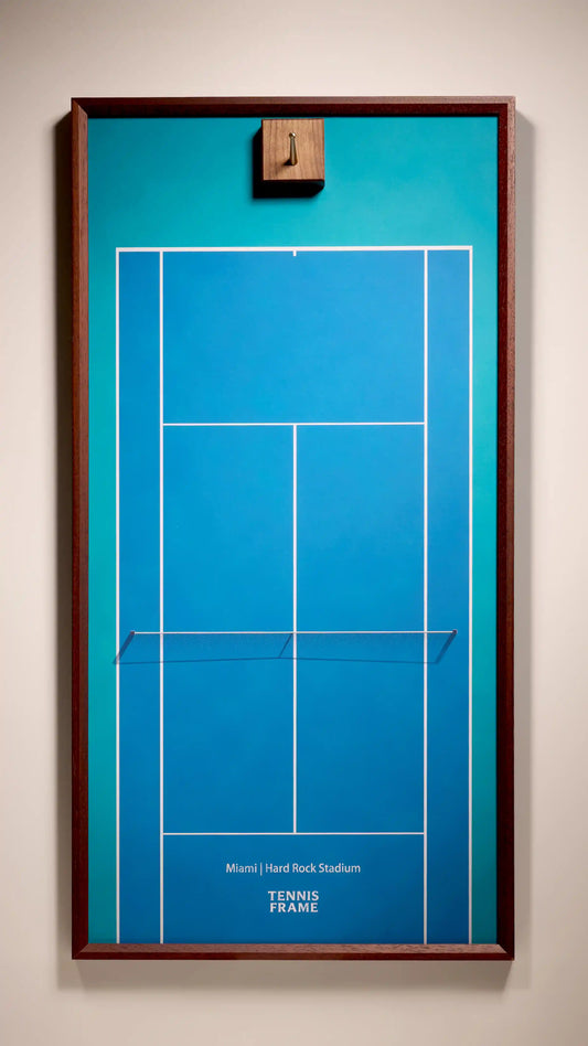 Miami Open tennis racket display frame with blue hard-court background at Hard Rock Stadium, walnut frame and hook