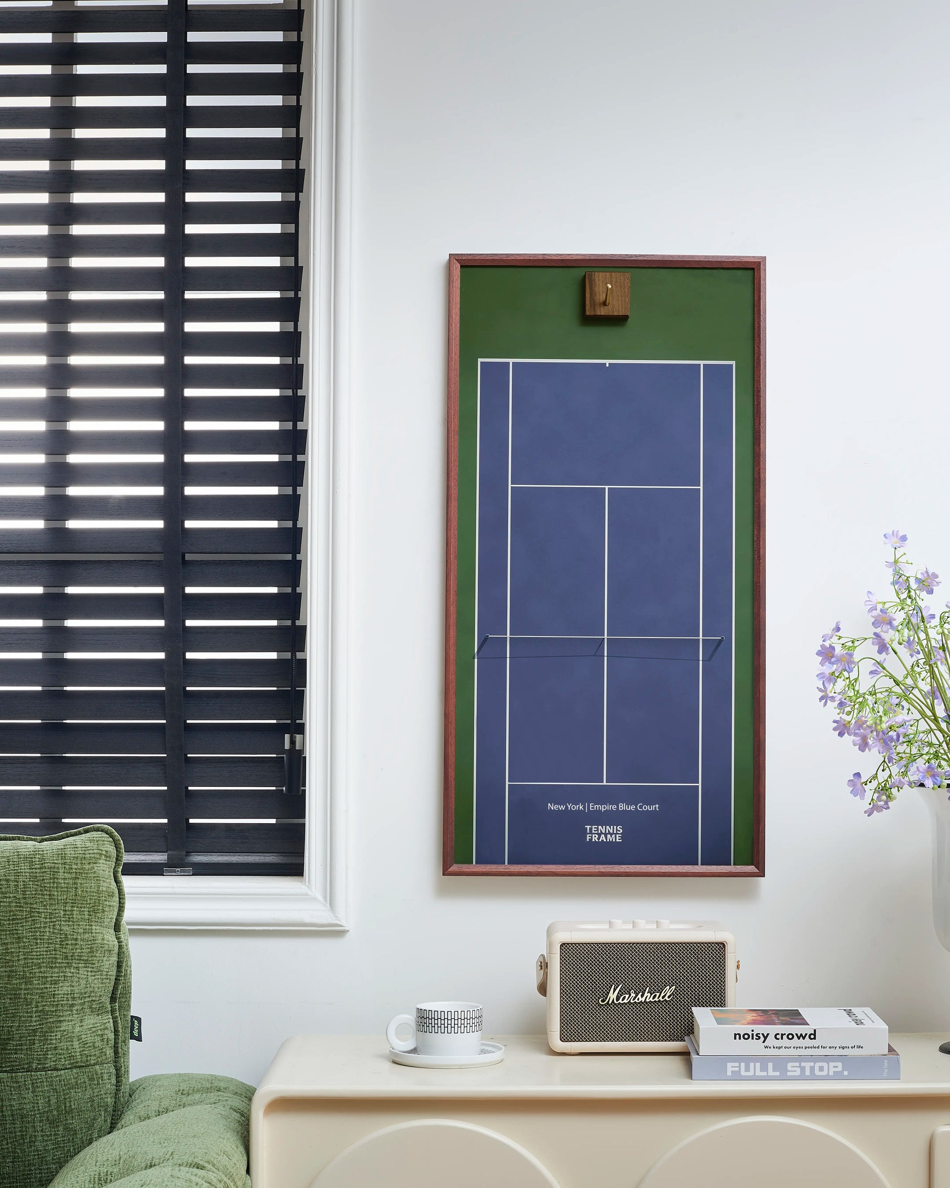 TENNIS FRAME New York Empire Blue Court tennis racket display frame in a modern living room, featuring a walnut wood frame, blue hard court design, and elegant home decor styling.