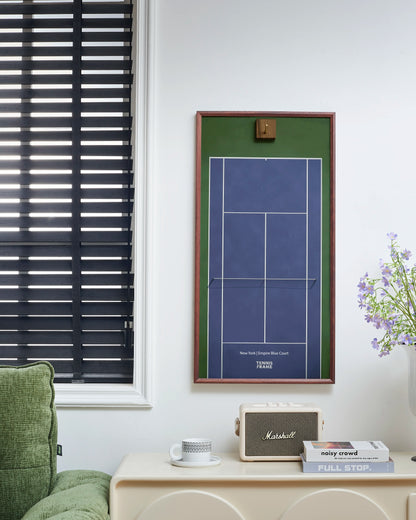 TENNIS FRAME New York Empire Blue Court tennis racket display frame in a modern living room, featuring a walnut wood frame, blue hard court design, and elegant home decor styling.