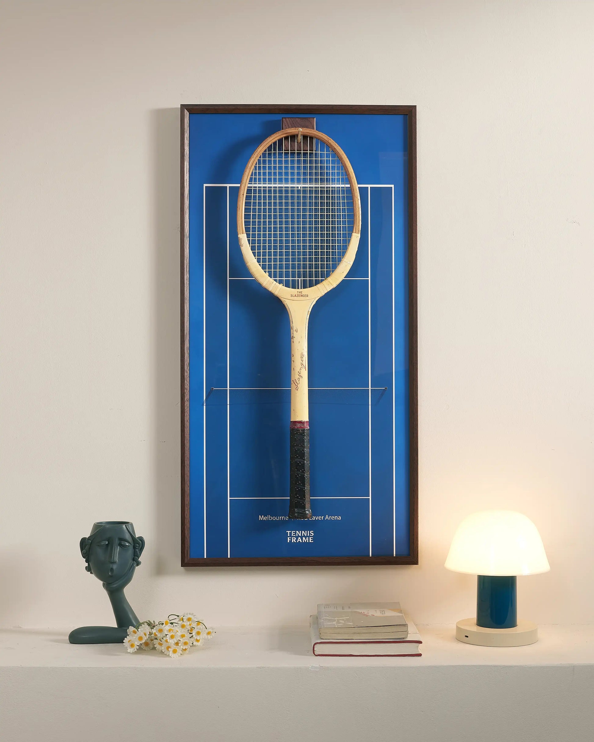 Rod Laver Arena inspired tennis racket display frame, premium blue court wall art with walnut wood frame