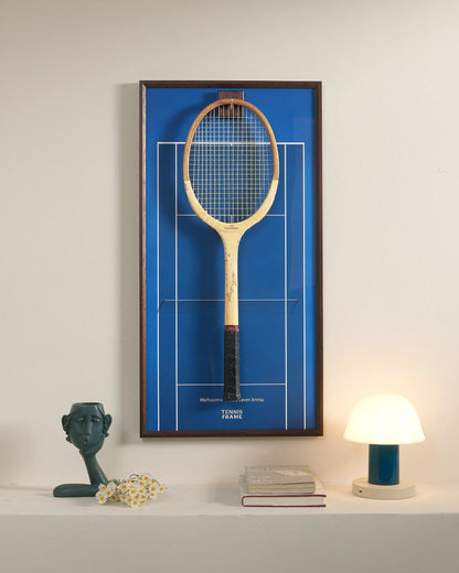 Rod Laver Arena inspired tennis racket display frame, premium blue court wall art with walnut wood frame