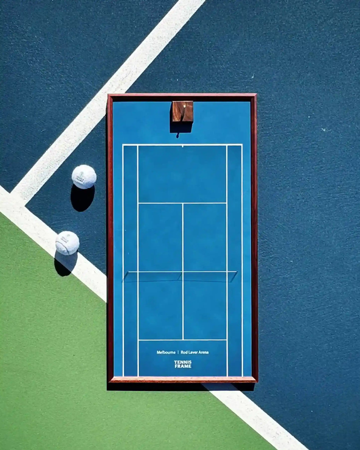Australian Open Tennis Frame with Rod Laver Arena blue court background, flat lay on outdoor tennis court with two balls