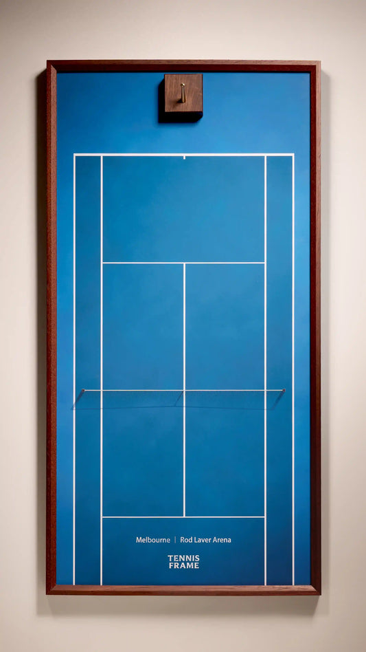 Australian Open Tennis Frame, Rod Laver Arena blue court background, front studio view with walnut base.