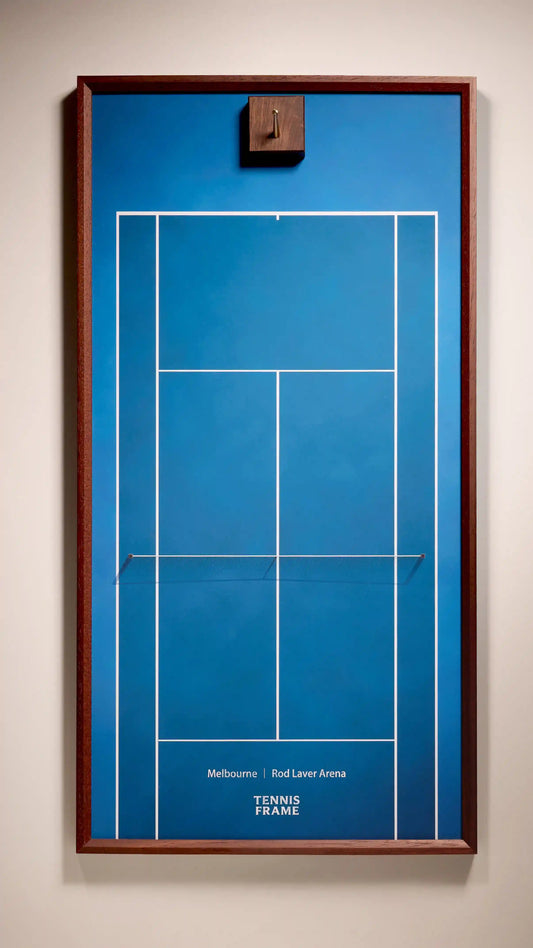 Australian Open Tennis Frame, Rod Laver Arena blue court background, front studio view with walnut hook