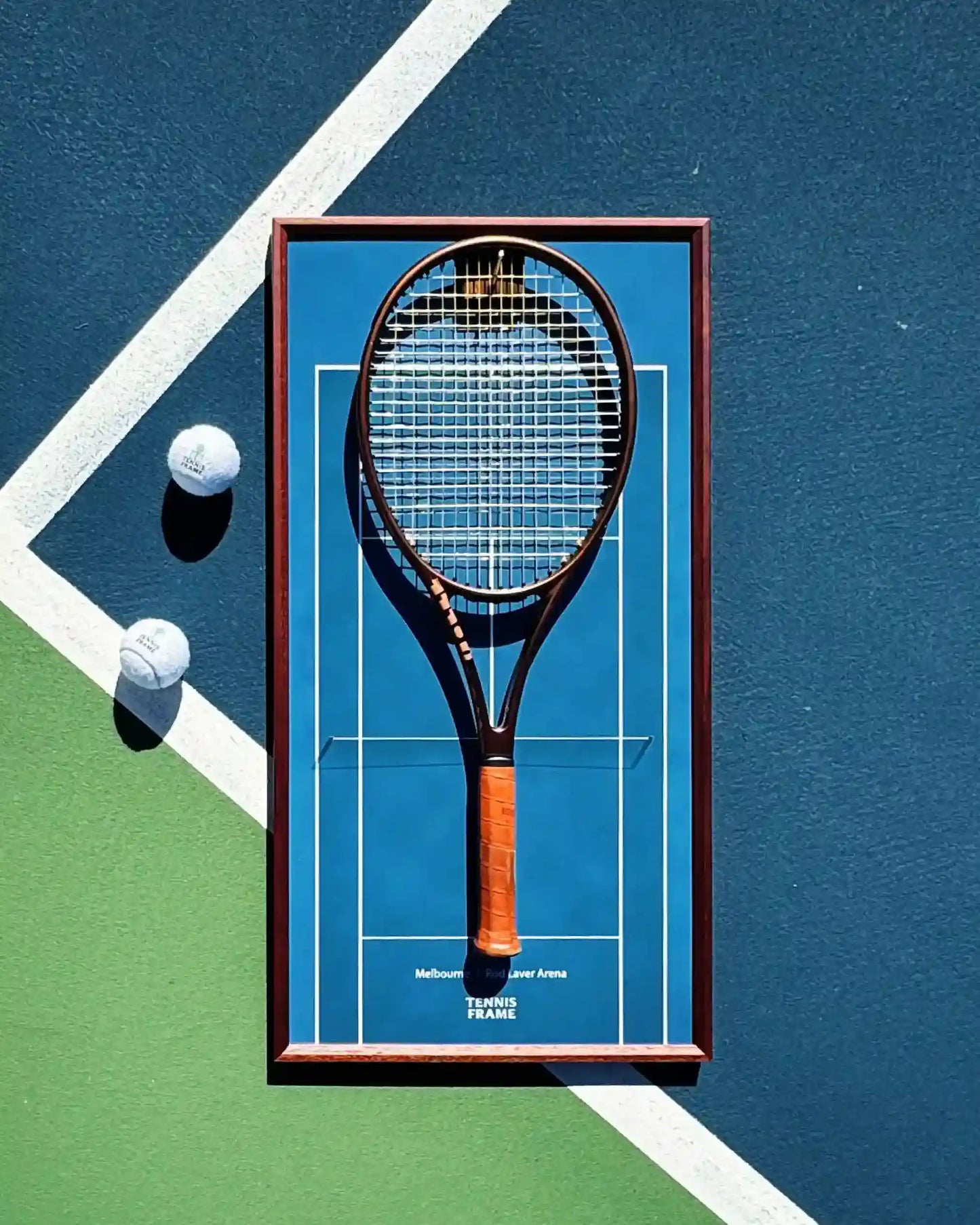 Australian Open Tennis Frame displaying a racket on Rod Laver Arena blue background, top-down shot on tennis court