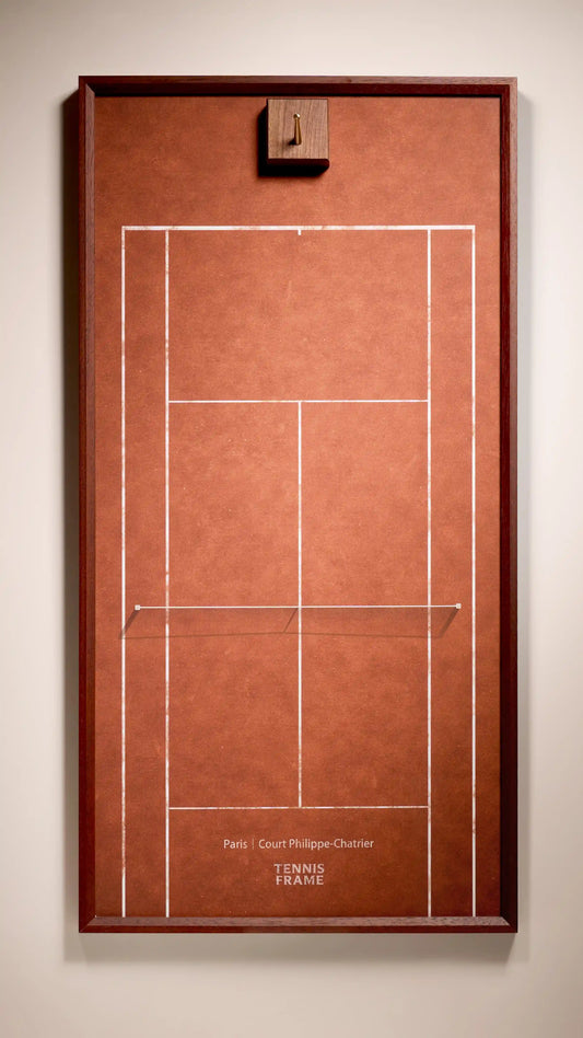 French Open Tennis Frame, Court Philippe-Chatrier clay background, front studio view with walnut hook