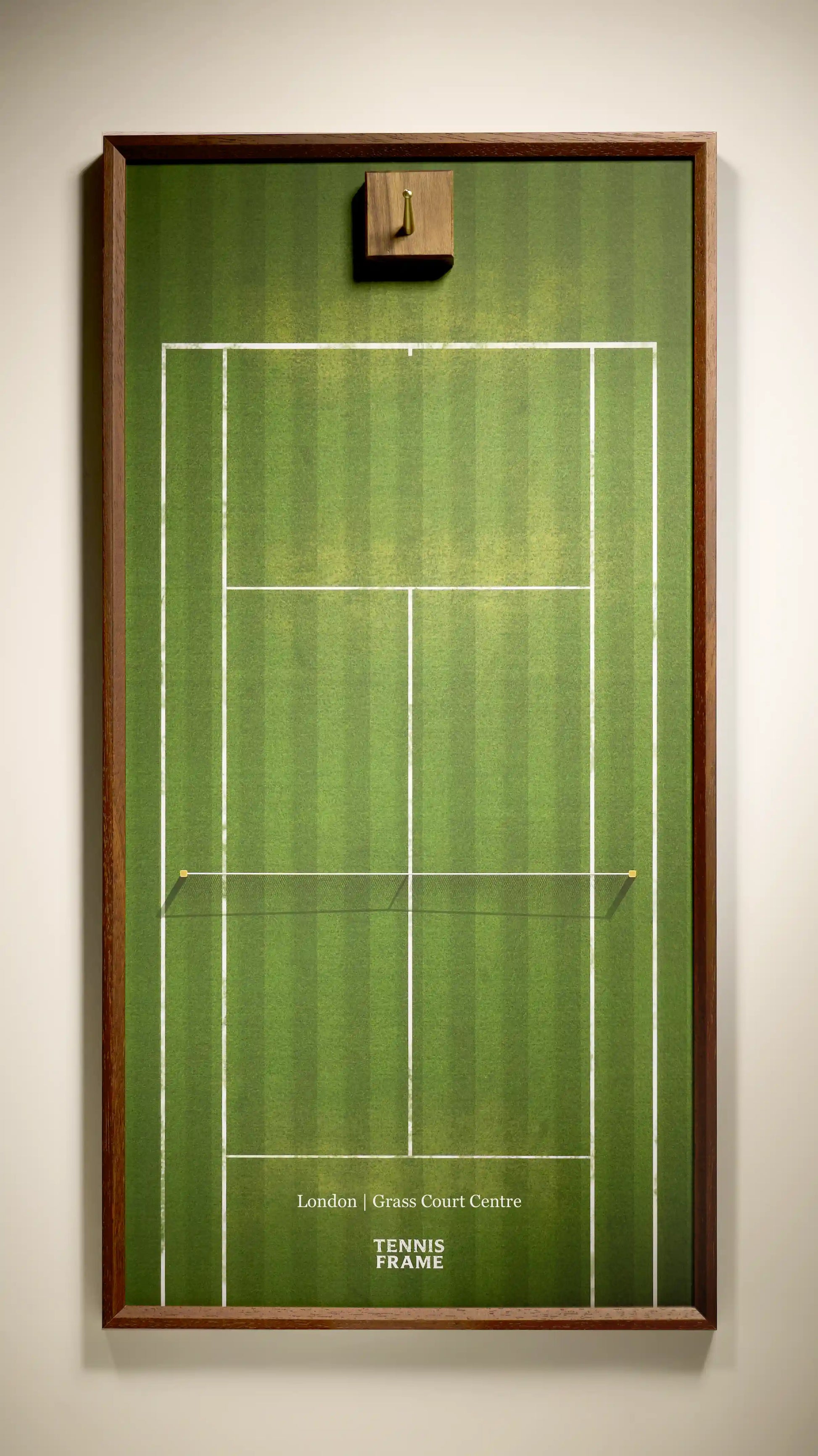 Wimbledon Open Tennis Frame, Court Centre and classic grass background, front studio view with walnut hook base