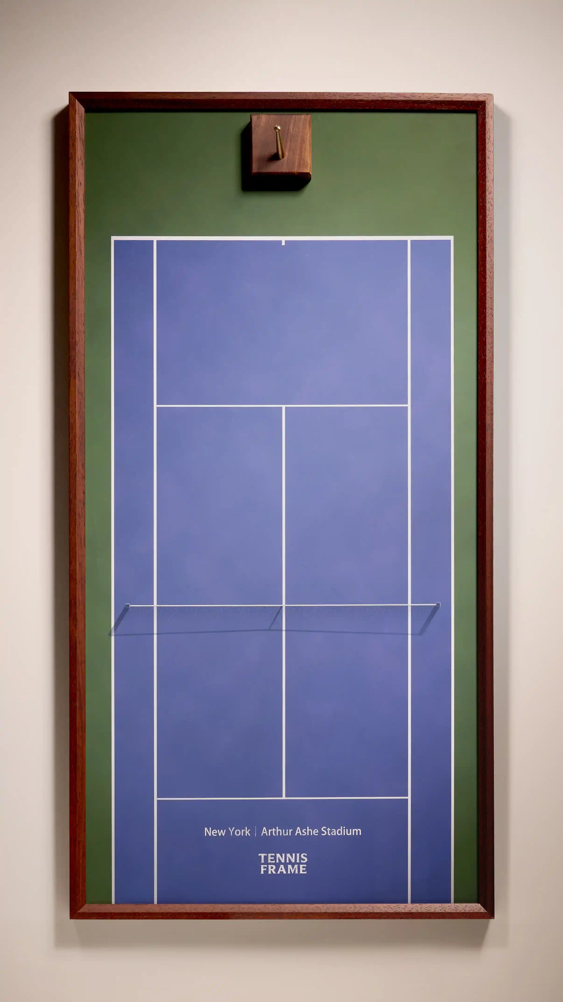 US Open Tennis Frame, Arthur Ashe Stadium blue court background, front studio view with walnut hook