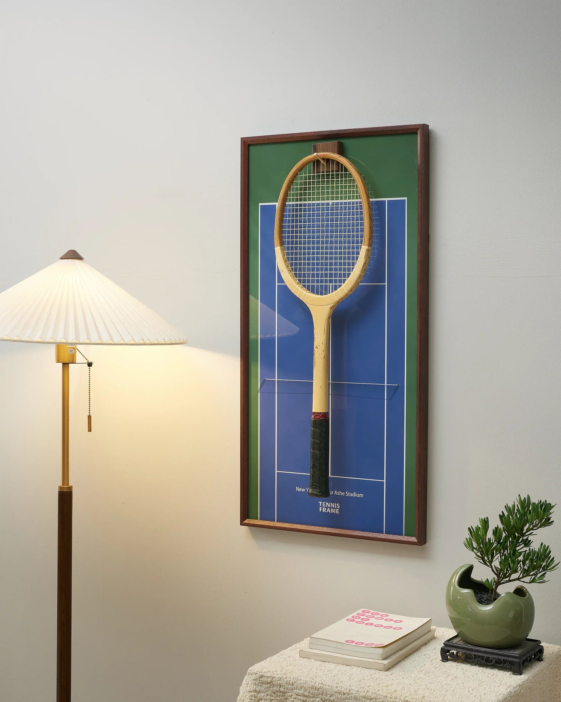 Side view of US Open blue court tennis racket display frame highlighting depth and premium wood finish