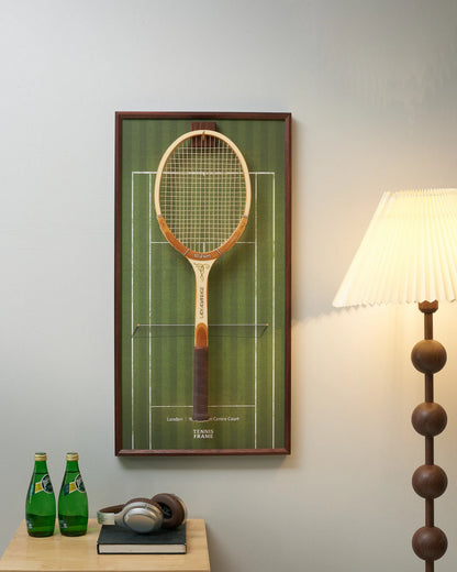 Wimbledon Centre Court tennis racket display frame mounted on wall with warm lighting and modern interior styling