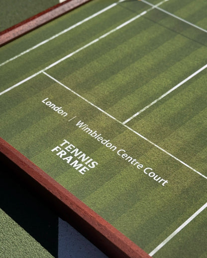 Close-up of Wimbledon Centre Court text and grass texture on tennis frame, premium printed court design