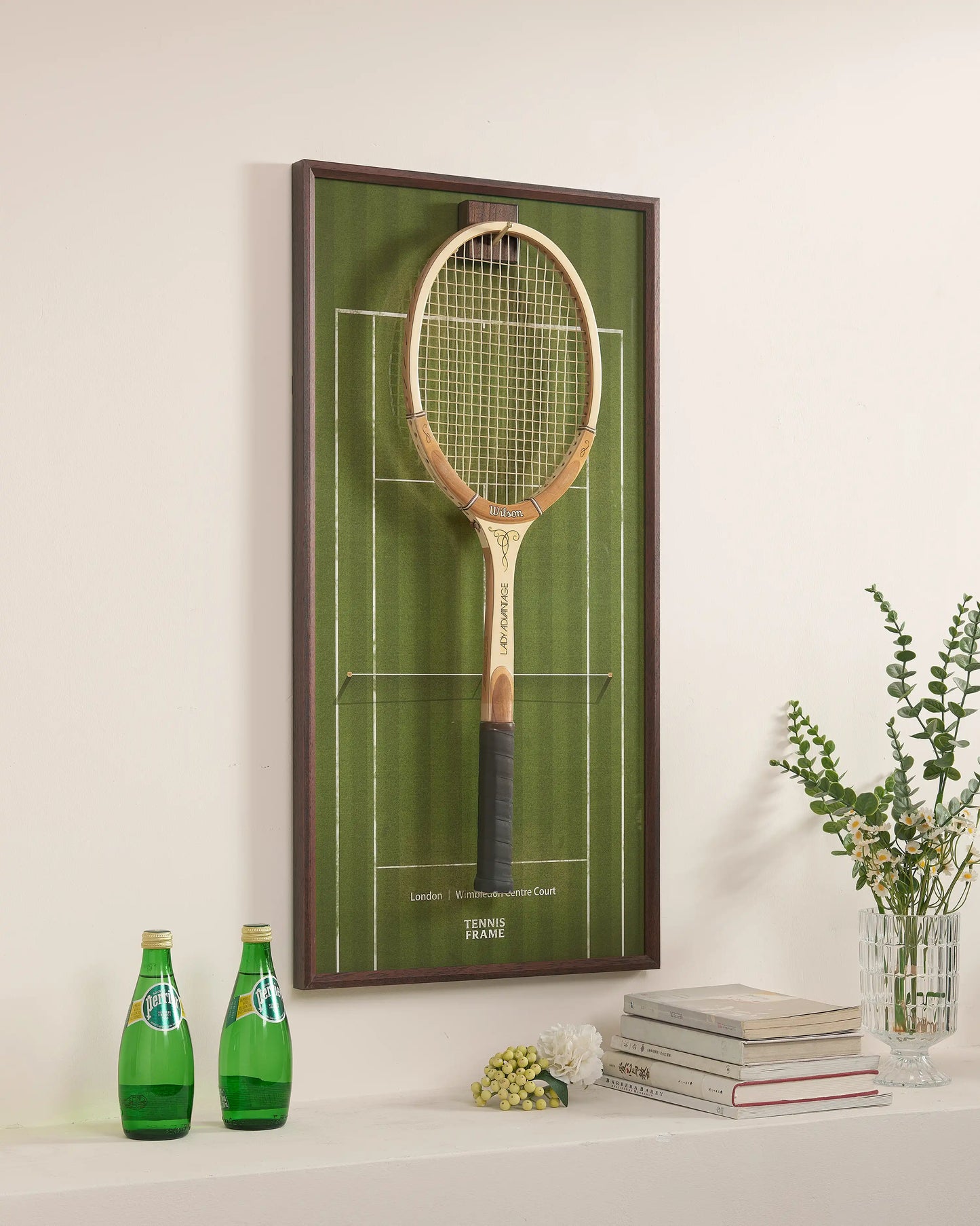 Angled view of Wimbledon-inspired grass court racket display frame, premium tennis wall art with walnut frame
