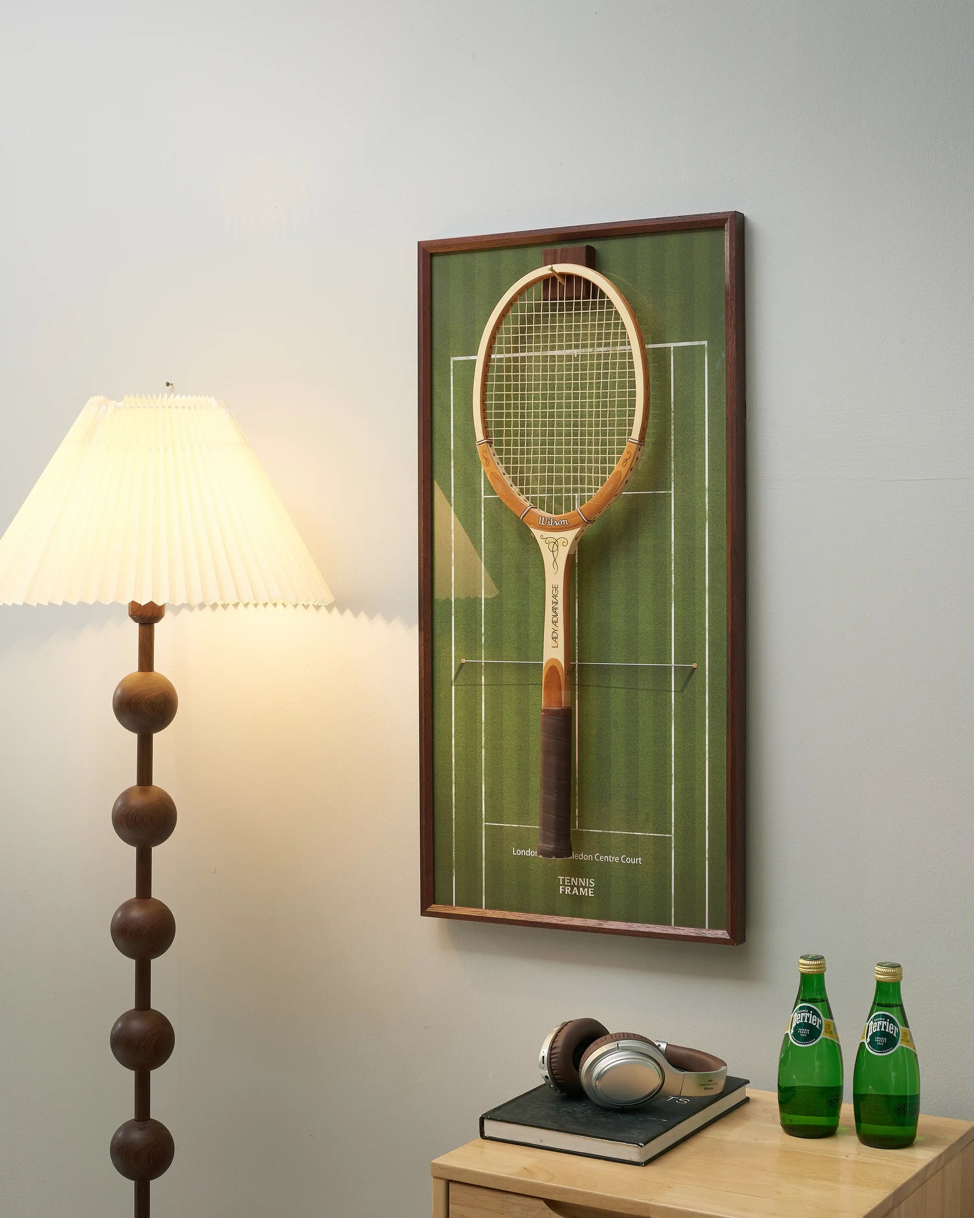 Side view of Wimbledon grass court tennis racket display frame showing depth and premium walnut wood finish