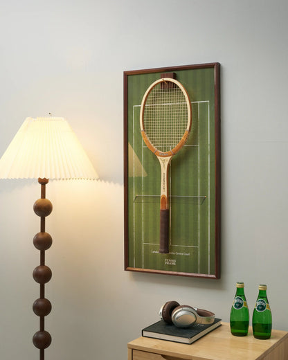 Side view of Wimbledon grass court tennis racket display frame showing depth and premium walnut wood finish